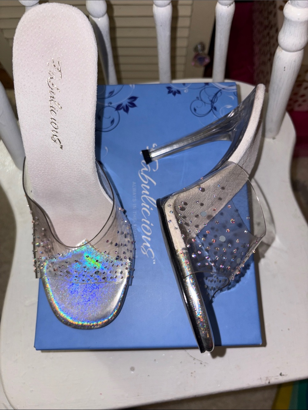 PLEASER FABULICIOUS Gala 4.5 Inch Clear Slide Heels with AB Rhinestones